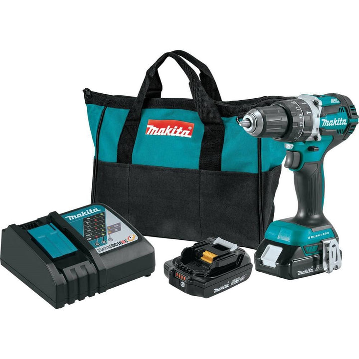 Makita 18V LXT Lithium‑Ion Compact Brushless Cordless 1/2 in. Hammer Driver‑Drill Kit with (2) 2.0Ah Batteries and Hard Case