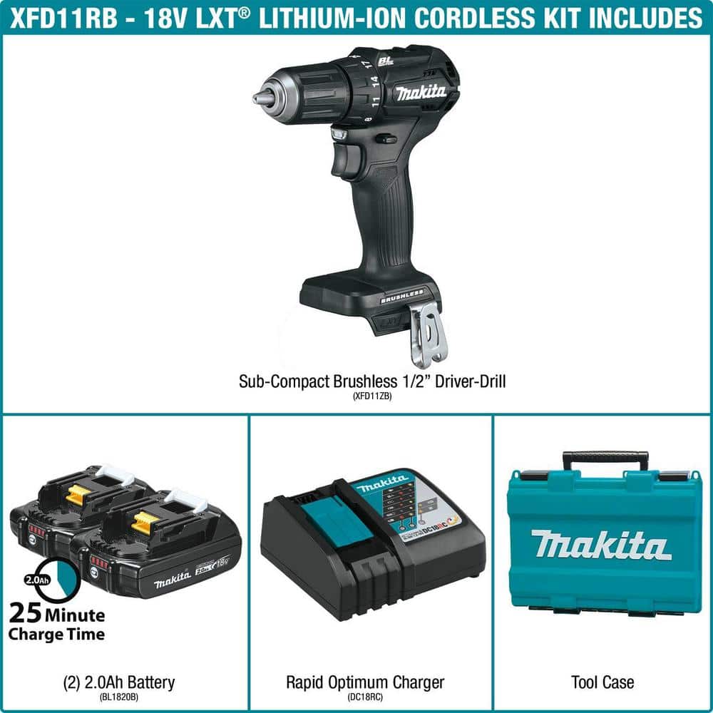 Makita 18-Volt 2.0 Ah LXT Lithium-Ion Sub-Compact Brushless Cordless 1/2 in. Driver-Drill Kit