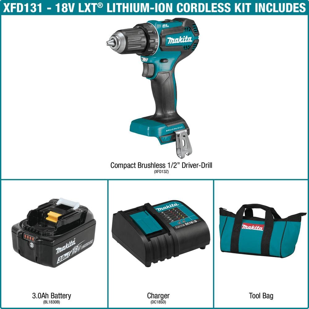 Makita 18V LXT Lithium‑Ion Brushless Cordless 1/2 in. Driver‑Drill Kit (3.0Ah, XFD131)