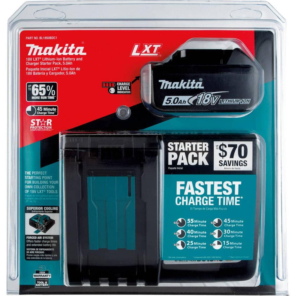 Makita 18V 5.0Ah LXT Lithium‑Ion Battery and Rapid Charger Starter Pack (BL1850B + DC18RC)