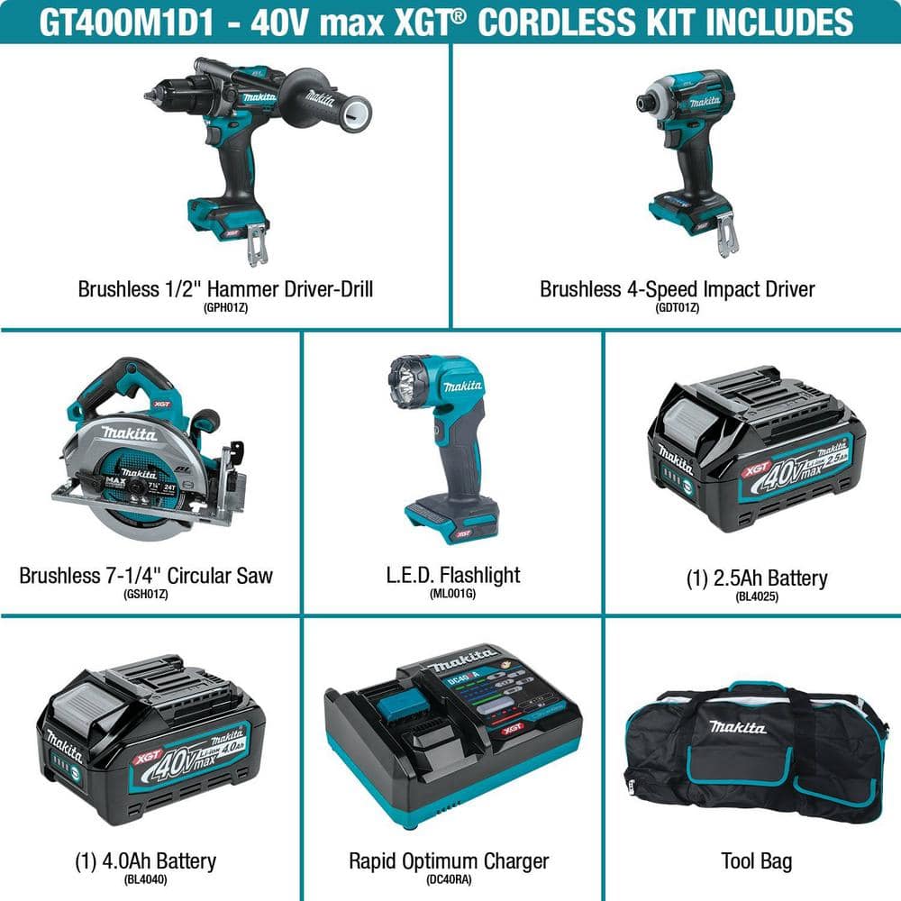 Makita 40V Max XGT Brushless Cordless 4-Piece Combo Kit (Hammer Driver-Drill/Impact Driver/Circ Saw/Flashlight) 2.5Ah/4.0Ah