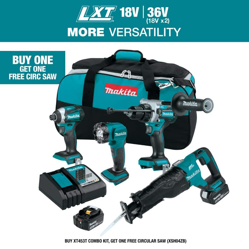 Makita 18V 5.0 Ah LXT Lithium-Ion Brushless Cordless Combo Kit (Hammer Drill/Impact Driver/Recipro Saw/Flashlight)