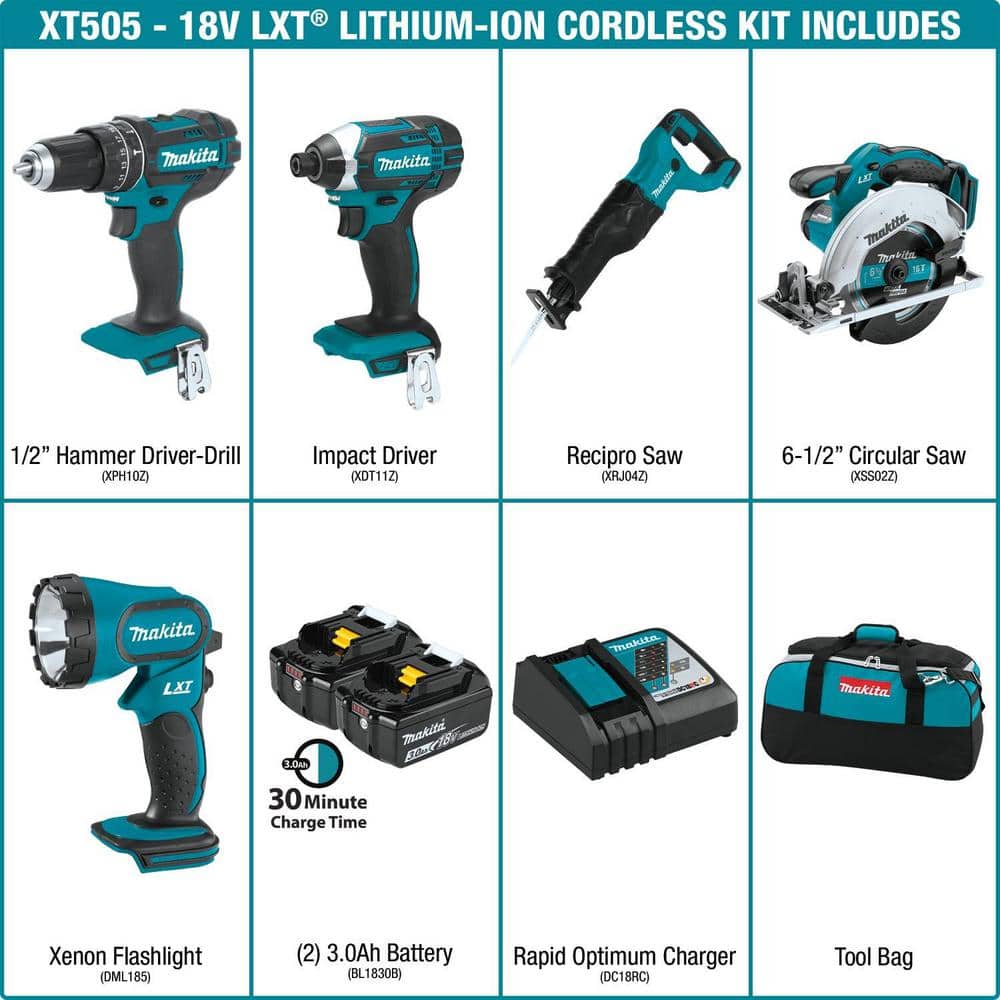 Makita 18V LXT Lithium‑Ion Cordless Combo Kit, 5‑Tool with (2) 3.0Ah Batteries, Rapid Charger and Tool Bag (XT505)