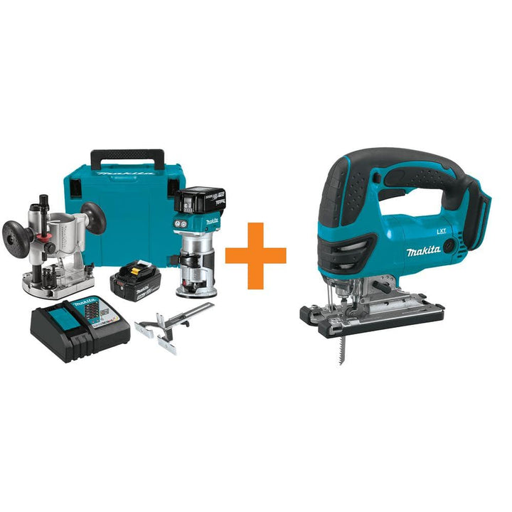 Makita 5.0 Ah 18V LXT Lithium‑Ion Brushless Cordless Compact Router Kit with Bonus Cordless Jig Saw