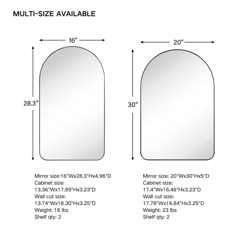 TEHOME Aristes 20 in. W x 30 in. H Arched Metal Framed Recessed Medicine Cabinet with Mirror and Shelves for bathroom in Black