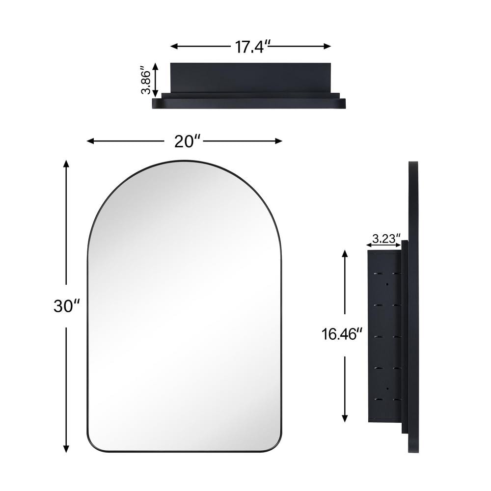 TEHOME Aristes 20 in. W x 30 in. H Arched Metal Framed Recessed Medicine Cabinet with Mirror and Shelves for bathroom in Black