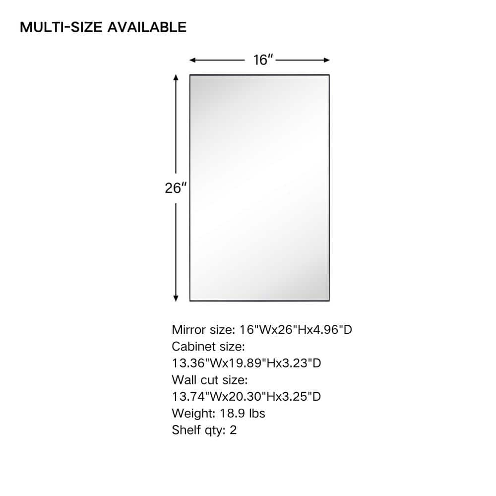 TEHOME Fulleti 16 in. W x 26 in. H Rectangular Metal Framed Medicine Cabinet with Mirror with Adjustable Shelves