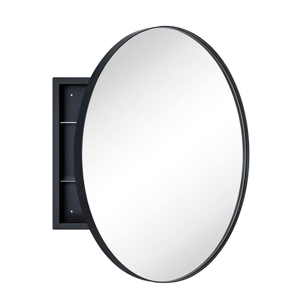 TEHOME 30 in. W x 30 in. H Surface Mount Round Circle Bathroom Metal Framed Medicine Cabinet with Mirror in Matt Black