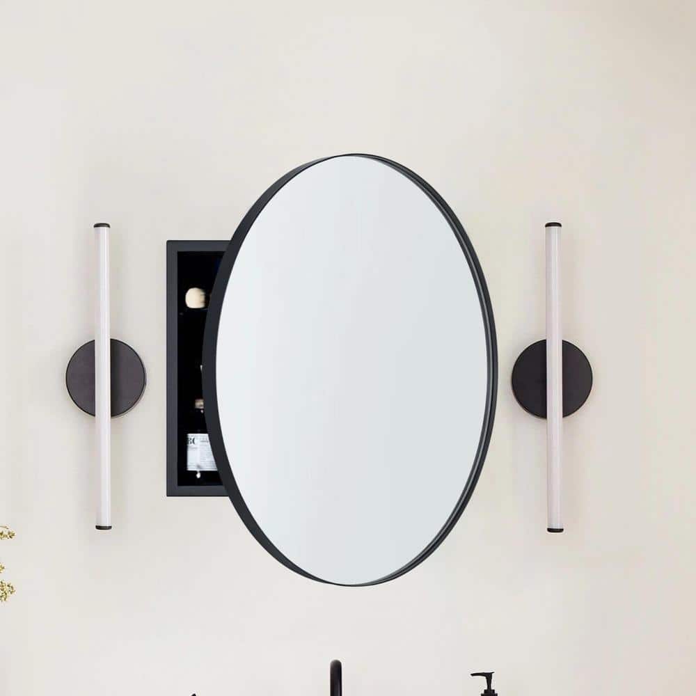 TEHOME 30 in. W x 30 in. H Surface Mount Round Circle Bathroom Metal Framed Medicine Cabinet with Mirror in Matt Black