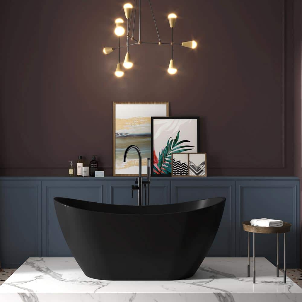 AKDY 60 in. Fiberglass Freestanding Flat Bottom Soaking Bathtub in Matte Black with Tub Filler Combo