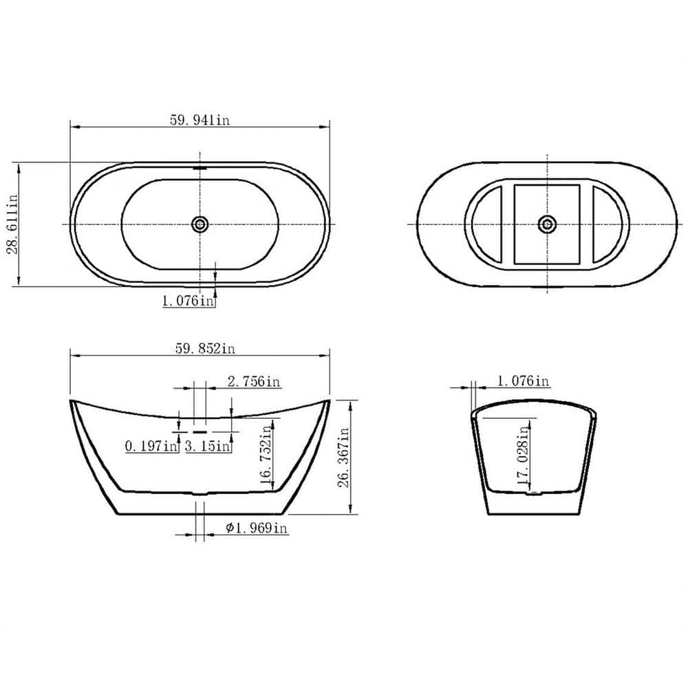 AKDY 60 in. Solid Matte Black Inside/Outside Freestanding Bathtub with Tub Filler Combo – Modern Flatbottom Stand-Alone Double Slipper Tub