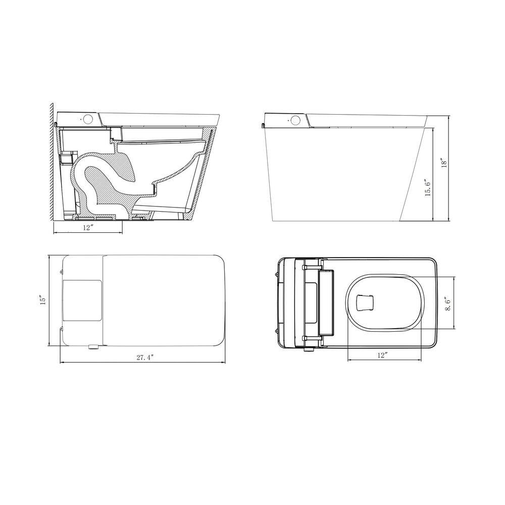 ANGELES HOME Matte Black Smart Toilet with Bidet, Remote & Auto Flush