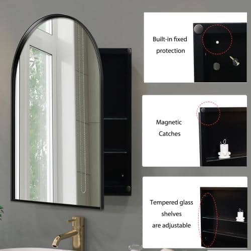Aoibox 24 in. W x 36 in. H Arched Metal Medicine Cabinet with Mirror and Adjustable Shelves in Matte Black for Bathroom