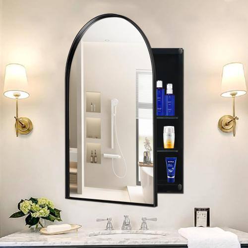 Aoibox 24 in. W x 36 in. H Arched Metal Medicine Cabinet with Mirror and Adjustable Shelves in Matte Black for Bathroom