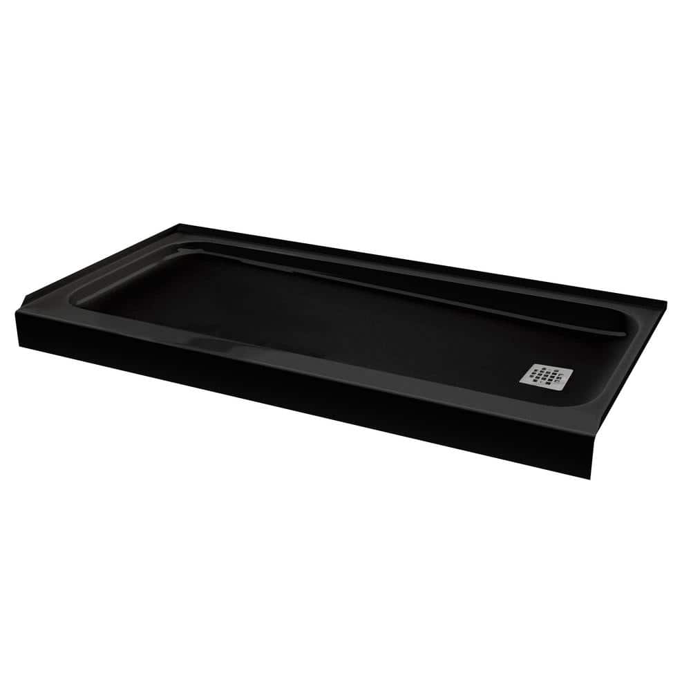 ShowerCast 60 in. x 32 in. Single Threshold Shower Pan in Matte Black with Square Chrome Shower Drain Cover Right Drain