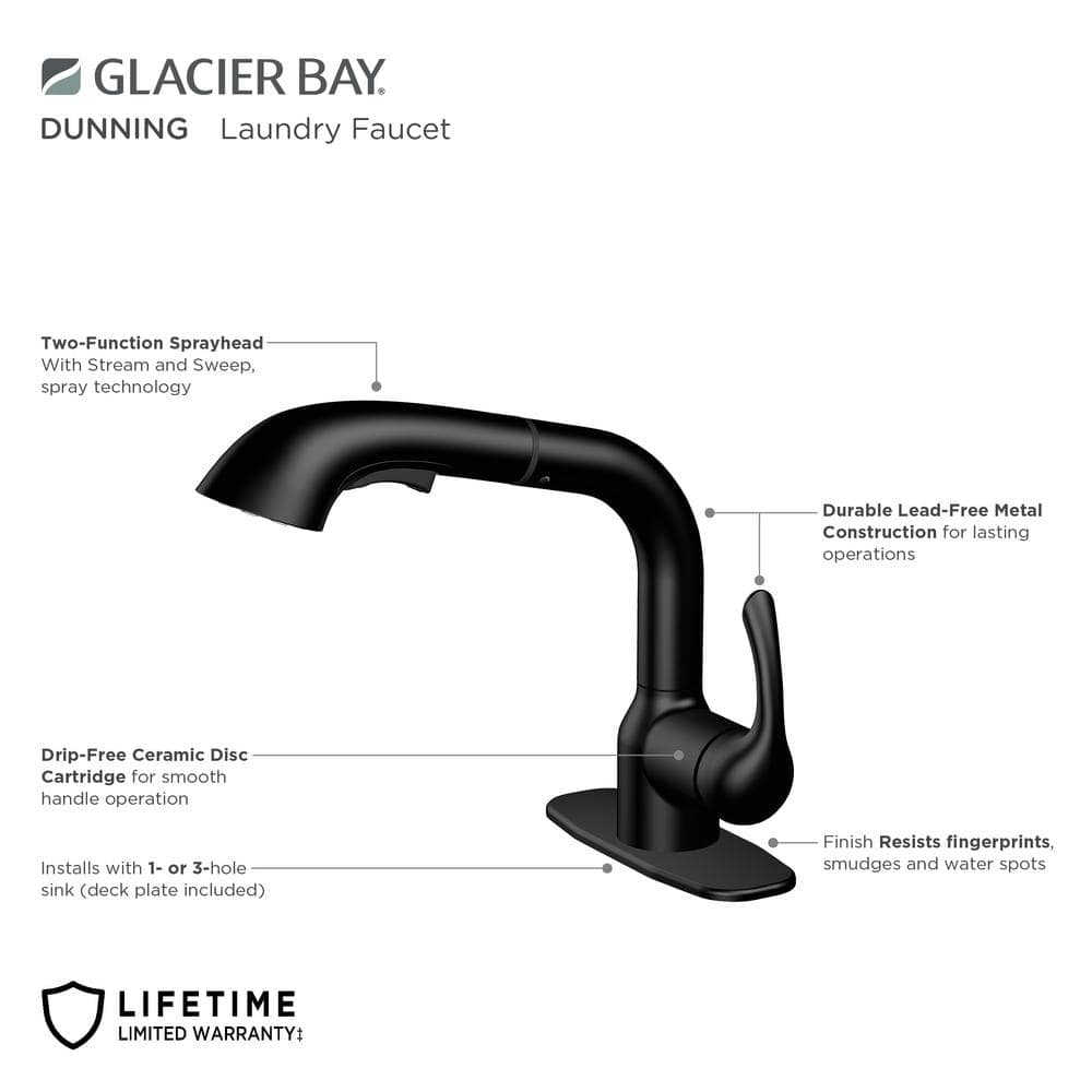 Glacier Bay Dunning Matte Black Pull-Out Laundry Faucet with Dual Spray Function
