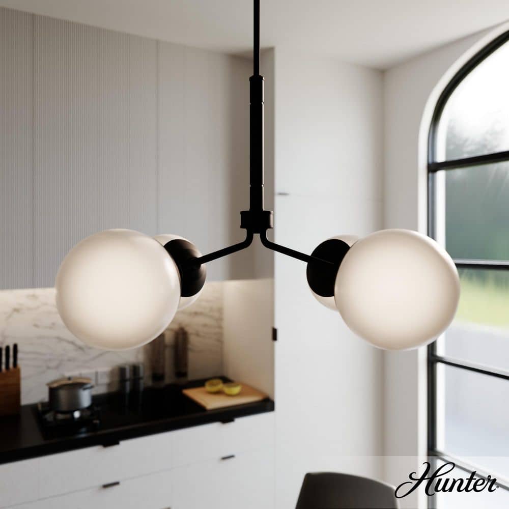 Hunter Hepburn 4-Light Matte Black Branch Chandelier with Cased White Shades