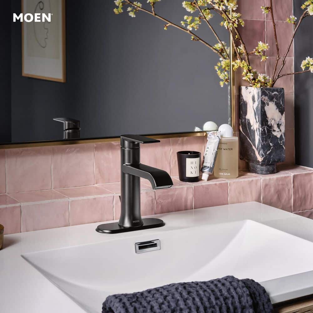 Moen Genta Single-Handle Single-Hole Bathroom Faucet, Matte Black, with Drain, 2-Pack