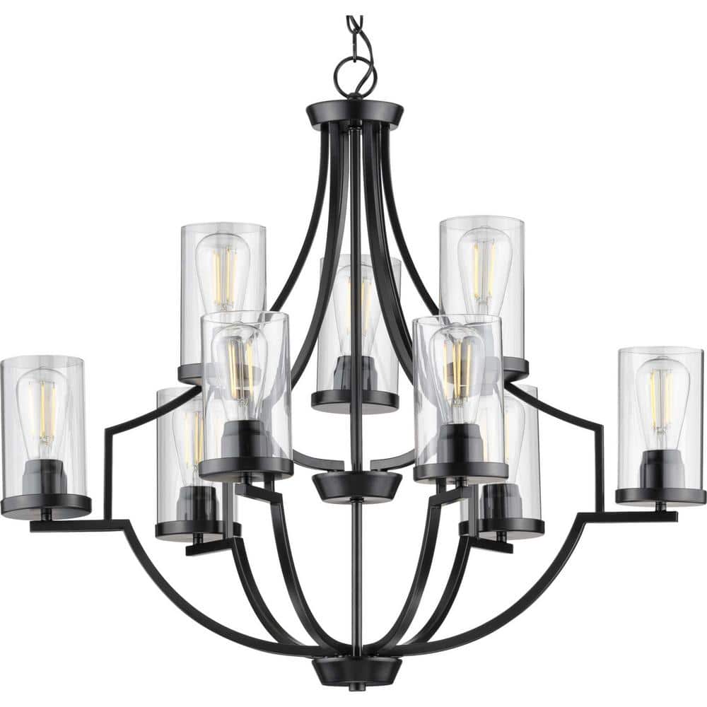 Progress Lighting Lassiter Collection 9-Light Matte Black Clear Glass Modern Chandelier Light