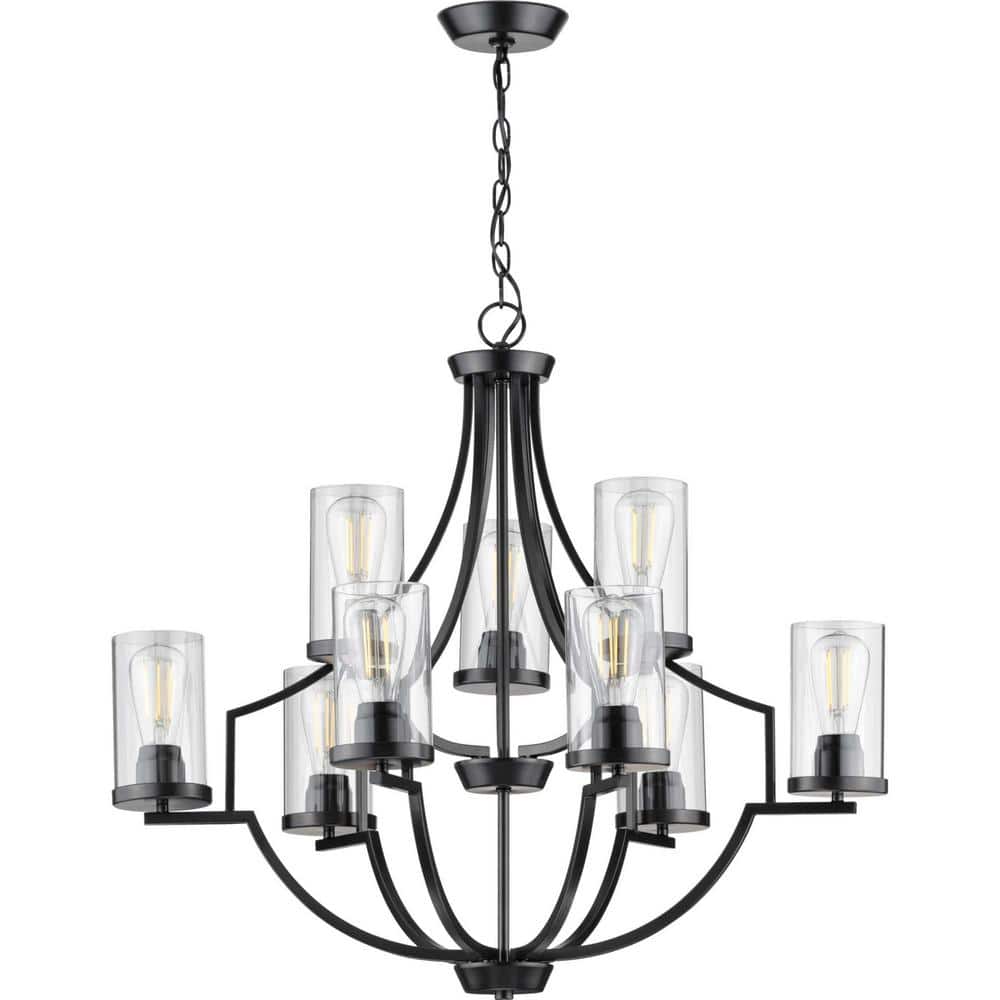 Progress Lighting Lassiter Collection 9-Light Matte Black Clear Glass Modern Chandelier Light
