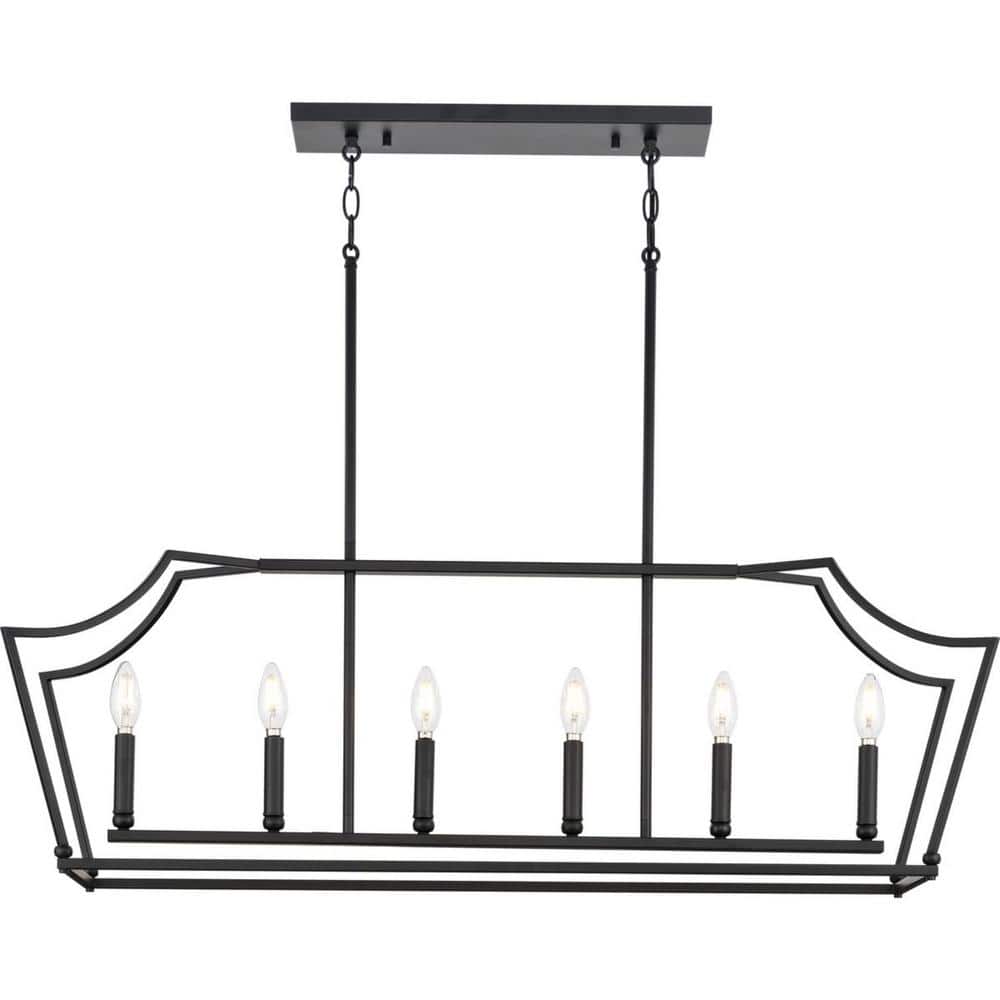 Progress Lighting Parkhurst 6-Light Matte Black Linear Chandelier New Traditional 42 in. Chandelier with Clear Glass Shades