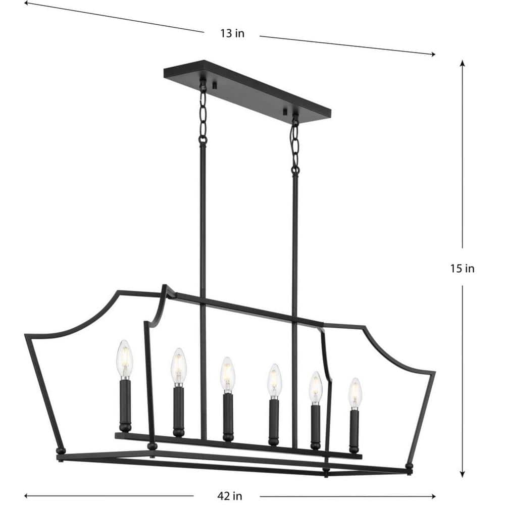 Progress Lighting Parkhurst 6-Light Matte Black Linear Chandelier New Traditional 42 in. Chandelier with Clear Glass Shades