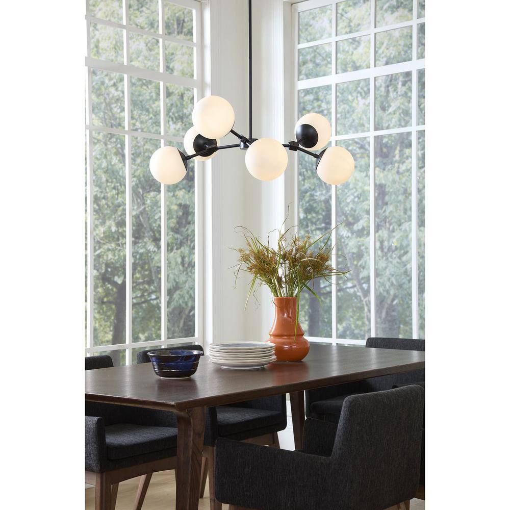 Progress Lighting Haas 33.5 in. 6-Light Matte Black Mid-Century Modern Chandelier with Opal Glass Shade