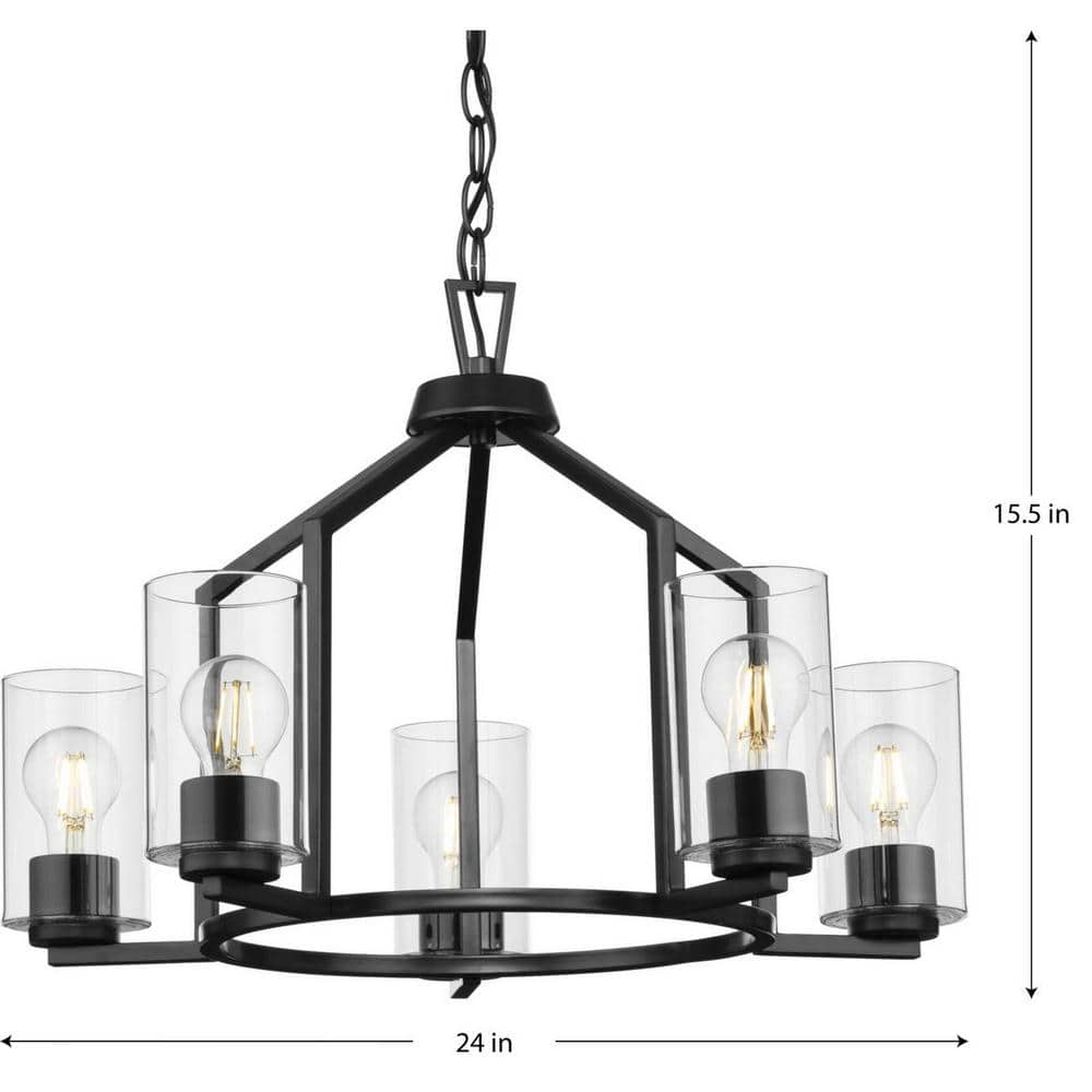 Progress Lighting Goodwin 24 in. 5-Light Matte Black Modern Farmhouse Chandelier with Clear Glass Shade