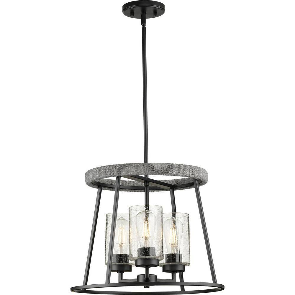 Progress Lighting Laramie Collection 3-Light Matte Black Rustic Modern Clear Seeded Glass Chandelier