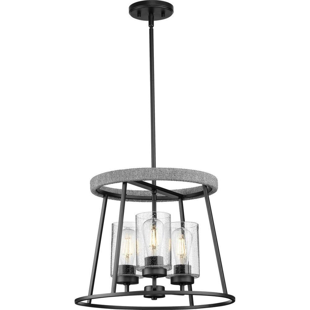 Progress Lighting Laramie Collection 3-Light Matte Black Rustic Modern Clear Seeded Glass Chandelier