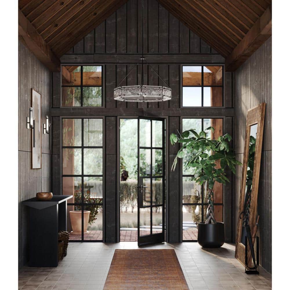 Progress Lighting Rivera 30 in. 6-Light Matte Black Luxe Industrial Chandelier with Textured Glass