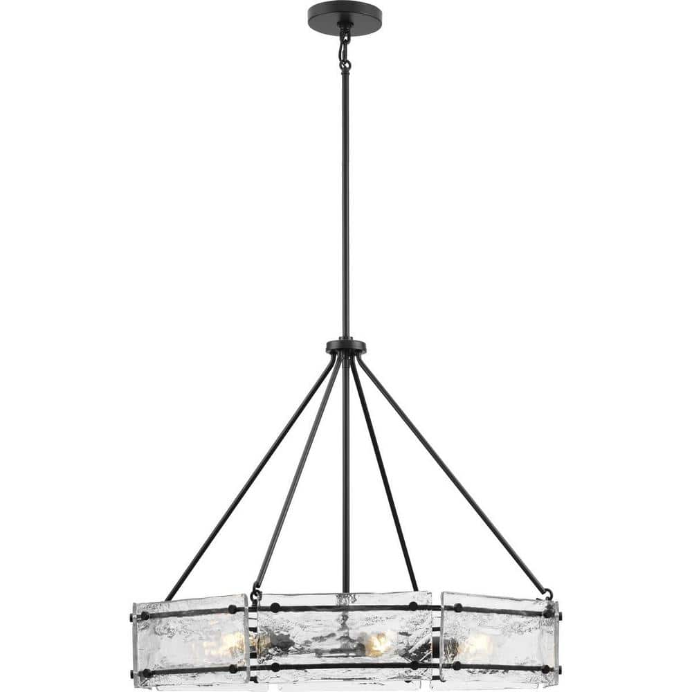 Progress Lighting Rivera 30 in. 6-Light Matte Black Luxe Industrial Chandelier with Textured Glass