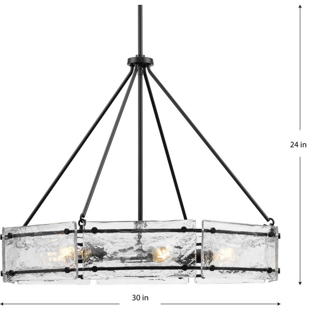 Progress Lighting Rivera 30 in. 6-Light Matte Black Luxe Industrial Chandelier with Textured Glass