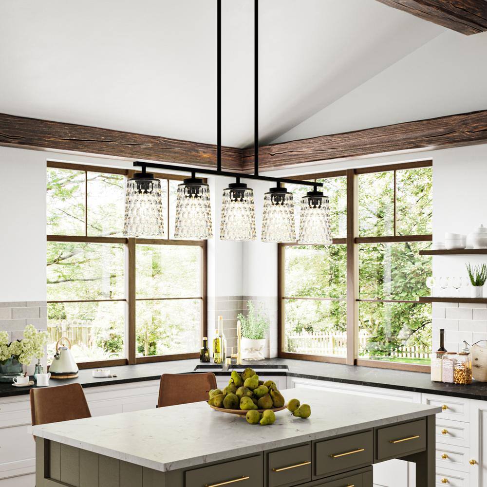Progress Lighting Mauzy Collection 5-Light Matte Black Transitional Linear Chandelier with Clear Water Glass Shade for Dining Room