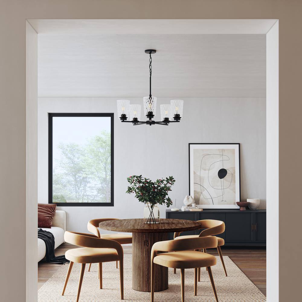 Progress Lighting Mauzy Collection 5-Light Matte Black Transitional Chandelier with Clear Water Glass Shade for Dining Room