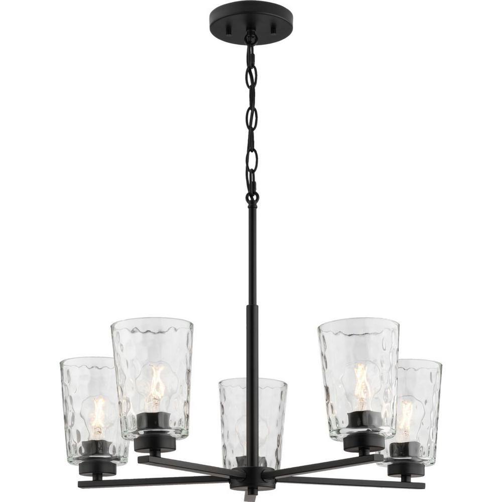 Progress Lighting Mauzy Collection 5-Light Matte Black Transitional Chandelier with Clear Water Glass Shade for Dining Room