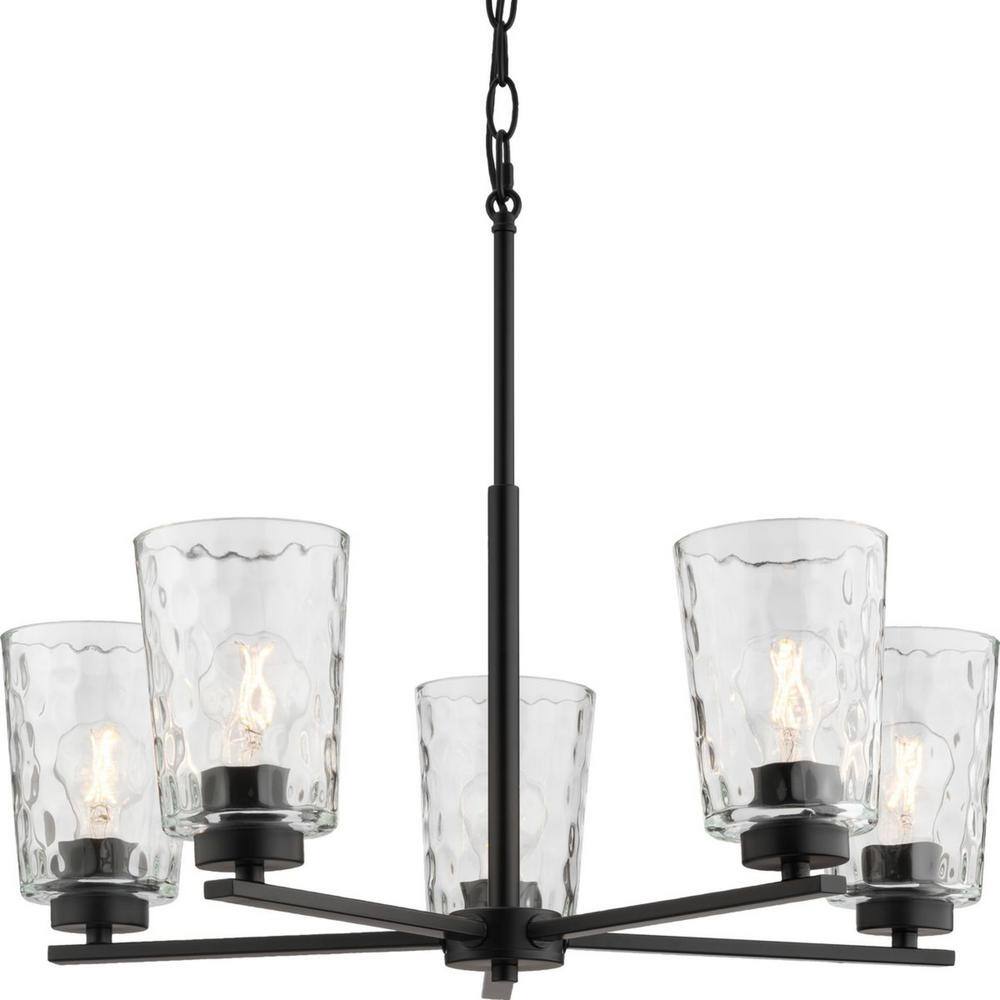 Progress Lighting Mauzy Collection 5-Light Matte Black Transitional Chandelier with Clear Water Glass Shade for Dining Room