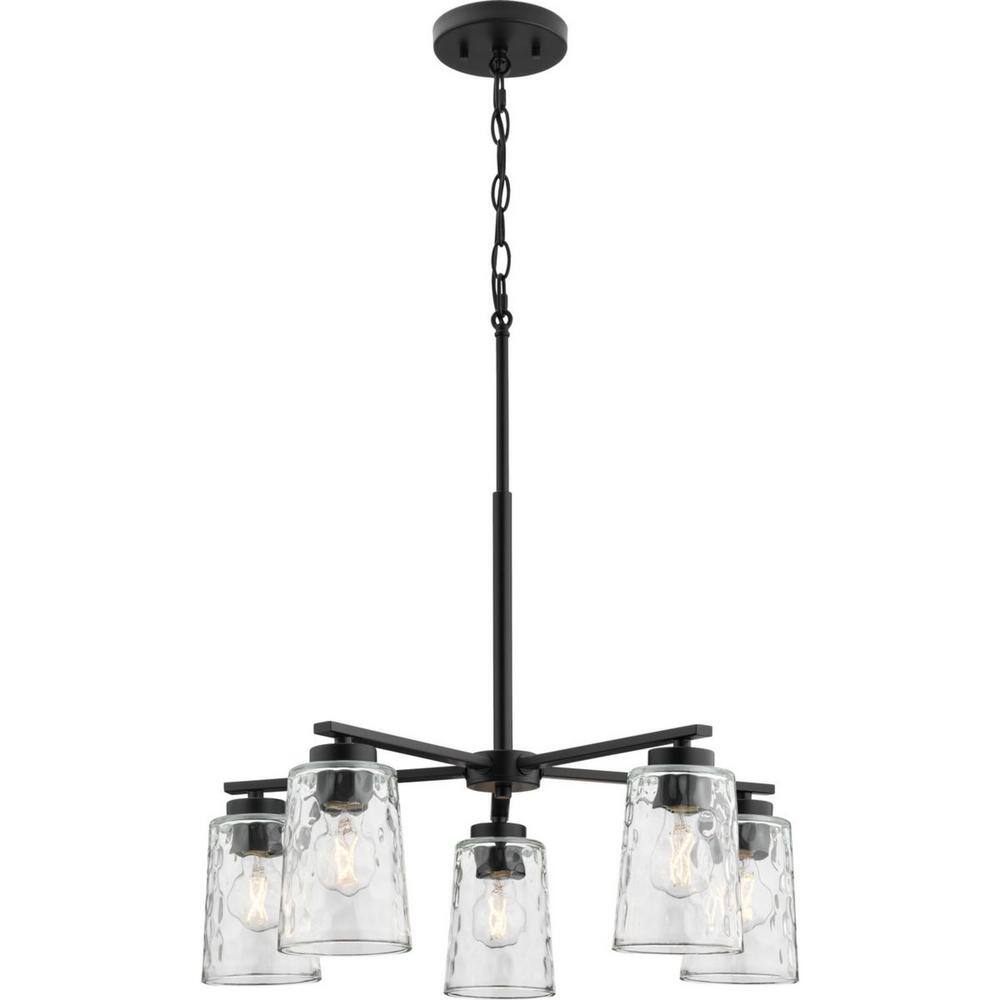 Progress Lighting Mauzy Collection 5-Light Matte Black Transitional Chandelier with Clear Water Glass Shade for Dining Room