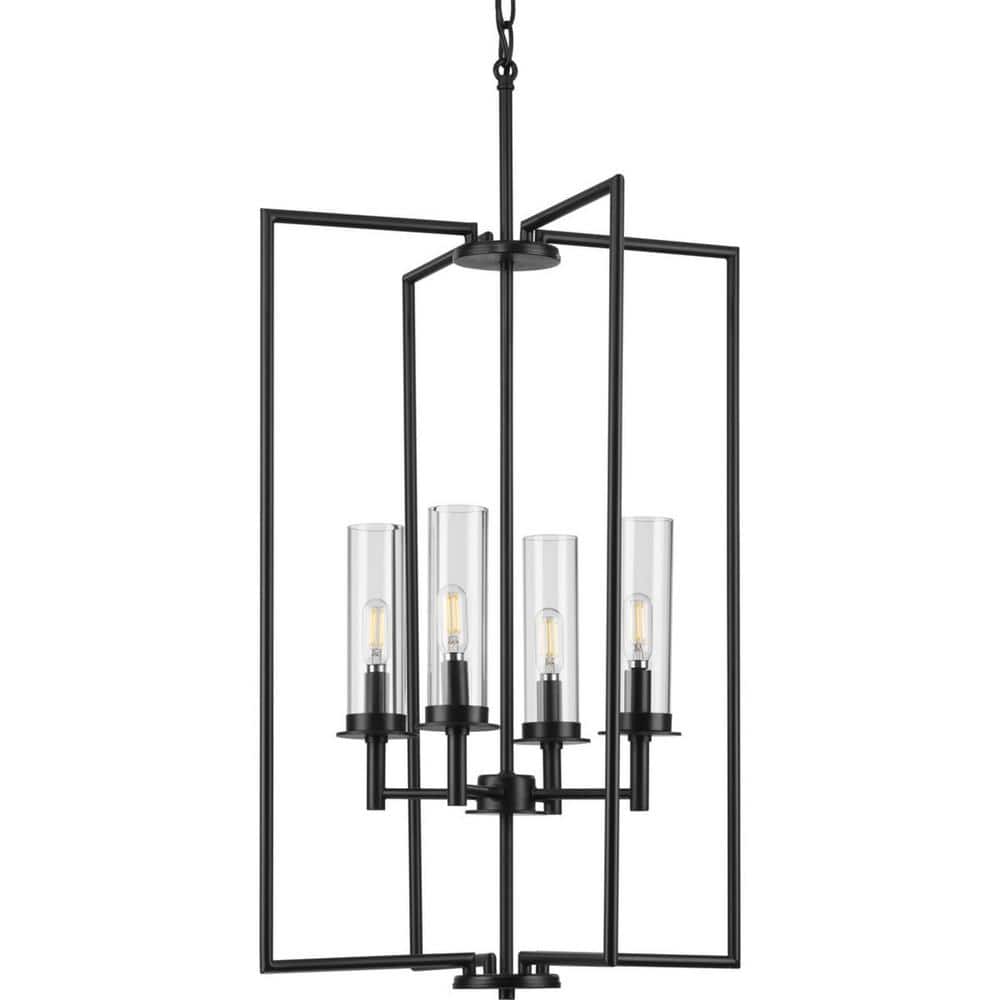 Progress Lighting Kellwyn 4-Light Matte Black Clear Glass Transitional Foyer Chandelier Light