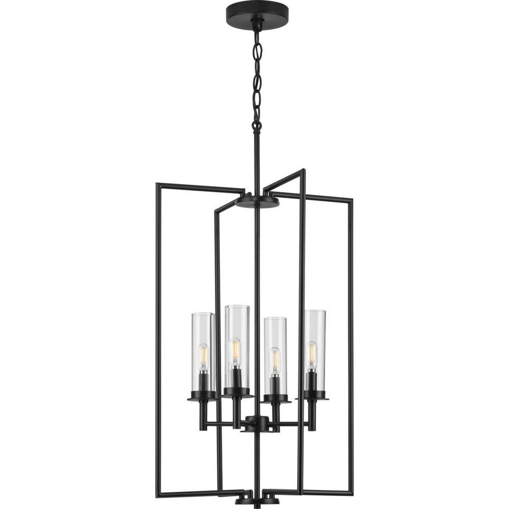 Progress Lighting Kellwyn 4-Light Matte Black Clear Glass Transitional Foyer Chandelier Light