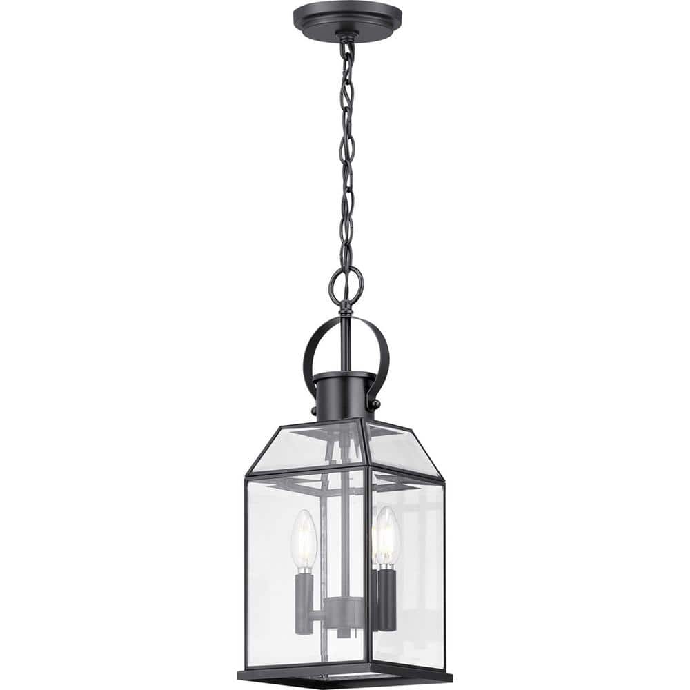Progress Lighting Canton Heights 2-Light Matte Black Outdoor Pendant Light with Clear Beveled Glass, 7.375 in W x 19.5 in H