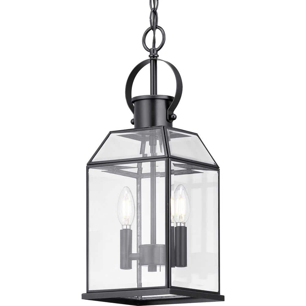 Progress Lighting Canton Heights 2-Light Matte Black Outdoor Pendant Light with Clear Beveled Glass, 7.375 in W x 19.5 in H