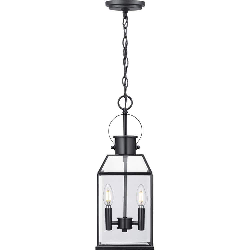 Progress Lighting Canton Heights 2-Light Matte Black Outdoor Pendant Light with Clear Beveled Glass, 7.375 in W x 19.5 in H