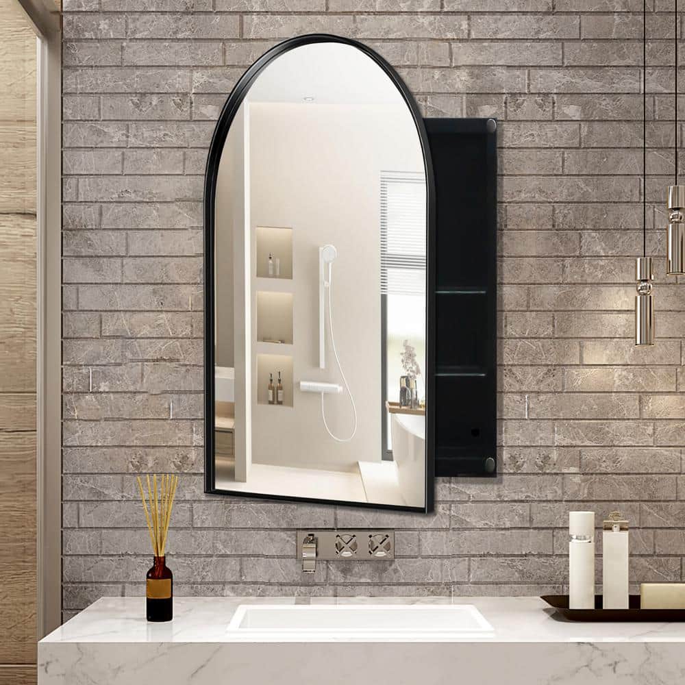 Tenleaf 24.00 in. W x 35.80 in. H Arched Metal Medicine Cabinet with Mirror, Wall Cabinet with Adjustable Shelves, Matte Black