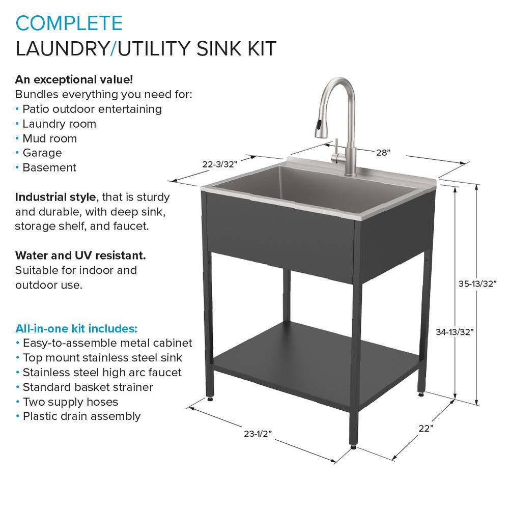 Transolid 18 Gal Matte Black Freestanding Laundry Sink with Cabinet and Faucet