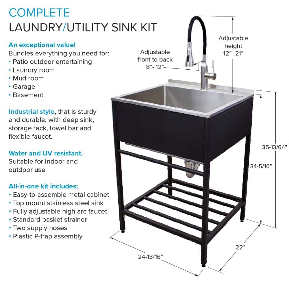 Transolid Stainless Steel Apron-Front Utility Sink with Matte Black Wash Stand