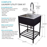 Transolid Stainless Steel Apron-Front Utility Sink with Matte Black Wash Stand