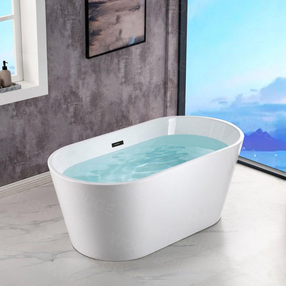 WOODBRIDGE Dieppe 59 in. Acrylic Double-Ended Flat Bottom Freestanding Bathtub with Chrome Overflow and Drain, White