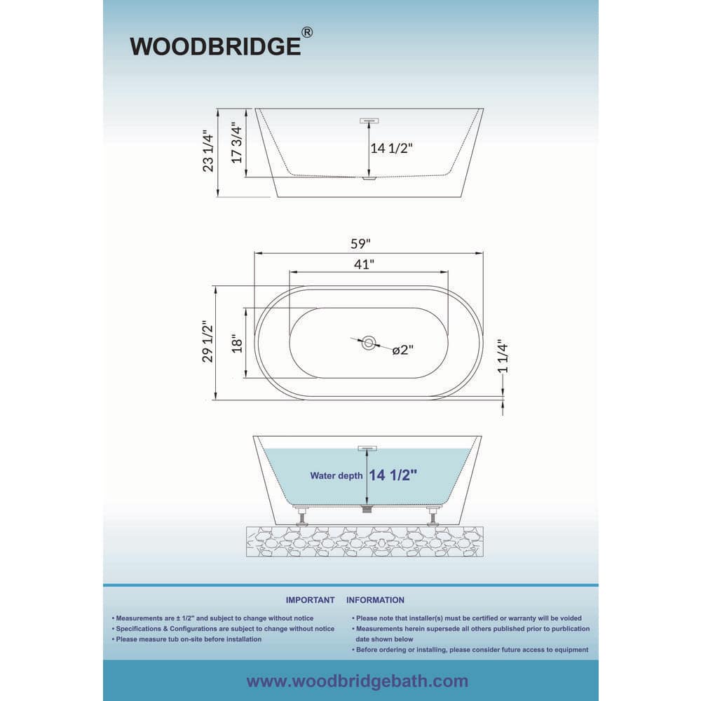 WOODBRIDGE Dieppe 59 in. Acrylic Double-Ended Flat Bottom Freestanding Bathtub with Chrome Overflow and Drain, White