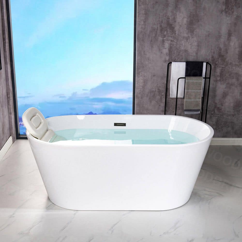 WOODBRIDGE Dieppe 59 in. Acrylic Double-Ended Flat Bottom Freestanding Bathtub with Chrome Overflow and Drain, White